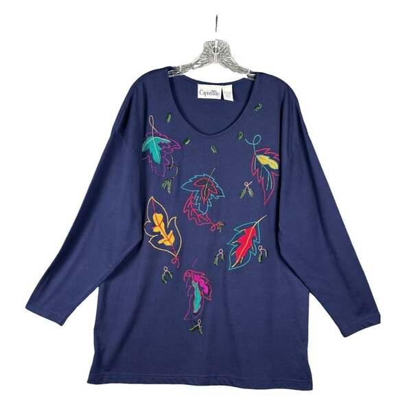 Women’s Plus Size 16 Blue Long Sleeve Top Embroidered Fall Leaves Cotton Casual - Picture 2 of 9